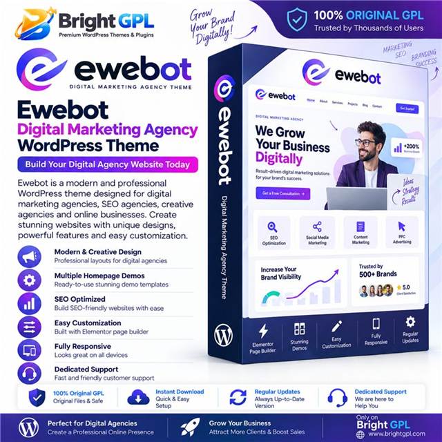 Ewebot GPL download digital marketing agency WordPress theme with SEO and Elementor features