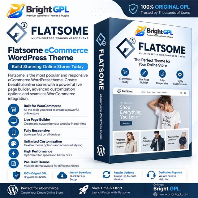 Flatsome GPL download responsive eCommerce WordPress theme with WooCommerce and live page builder