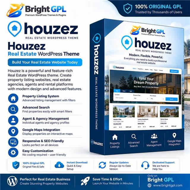 Houzez GPL download real estate WordPress theme with property listings and advanced search