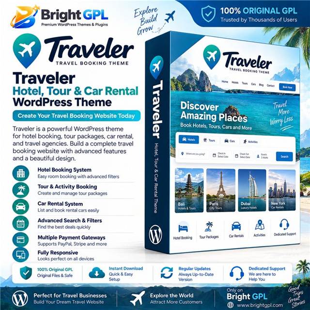 Traveler GPL download hotel tour and car rental WordPress theme with booking features