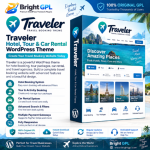 Traveler GPL download hotel tour and car rental WordPress theme with booking features